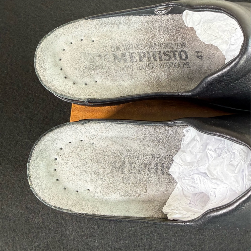 Mephisto Satty Clog Black Slip On Full Grain Leather Wedge Mules Size 41 - Picture 9 of 15